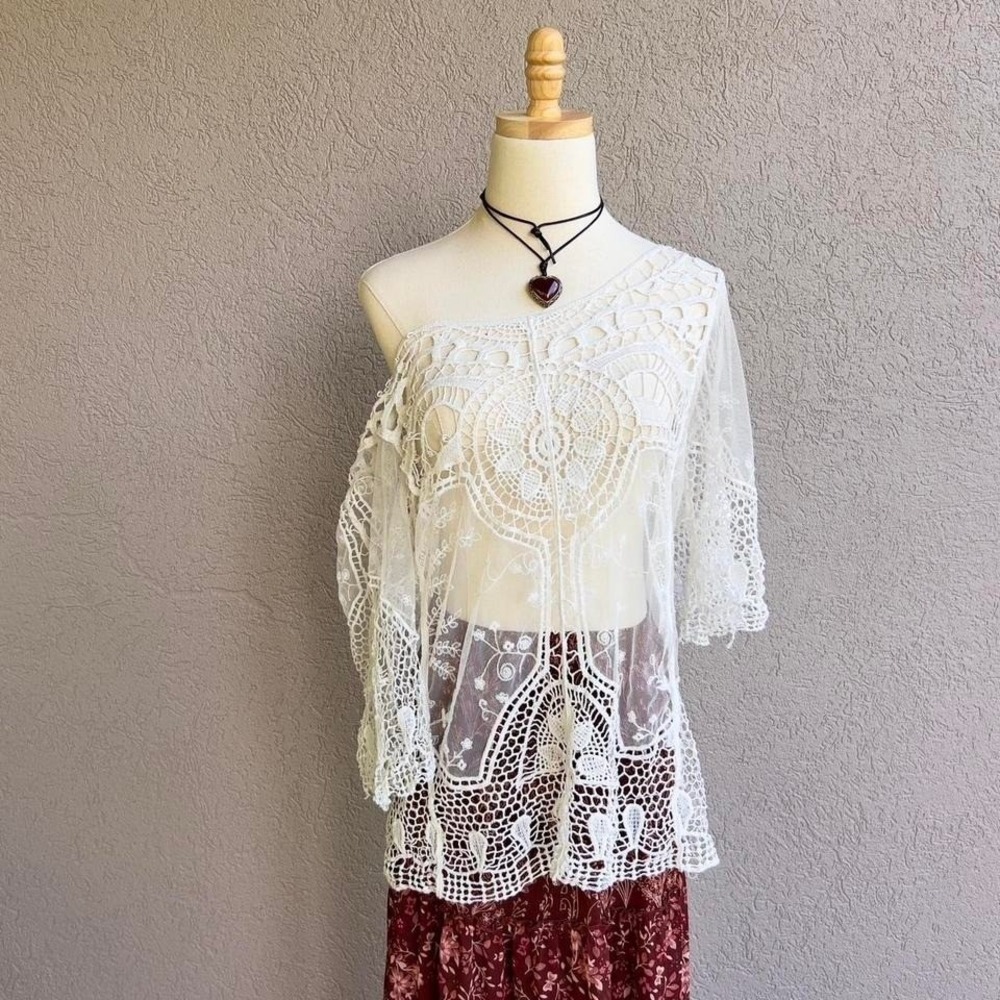 Crochet Mesh Blouse Top Sz Large Boho Fairy Off The Shoulder Y2K